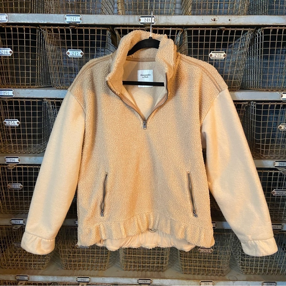 Abercrombie & Fitch shearling fleece Half Zip Jacket Cream Size M nbnn
